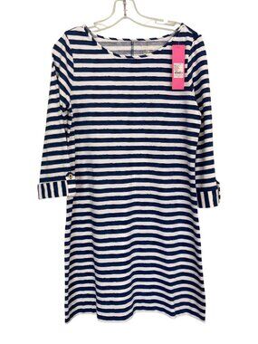 Lilly Pulitzer Blue/White Striped 3/4 Sleeve Dress Size M 100% Pima Cotton Made